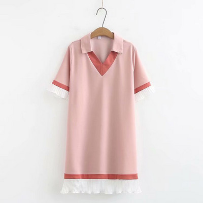 Modern női rövid ruha klasszikus gallérral és rövid ujjú rózsaszín és fekete színben