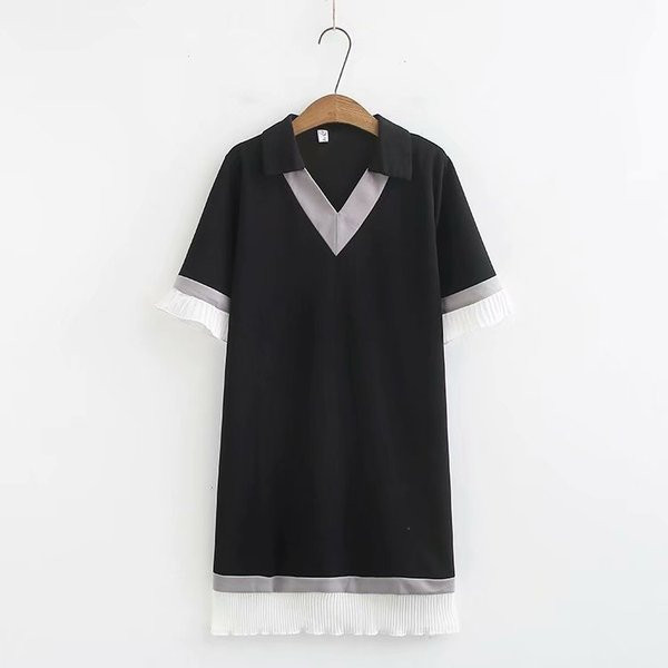 Modern női rövid ruha klasszikus gallérral és rövid ujjú rózsaszín és fekete színben