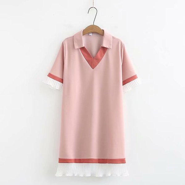 Modern női rövid ruha klasszikus gallérral és rövid ujjú rózsaszín és fekete színben