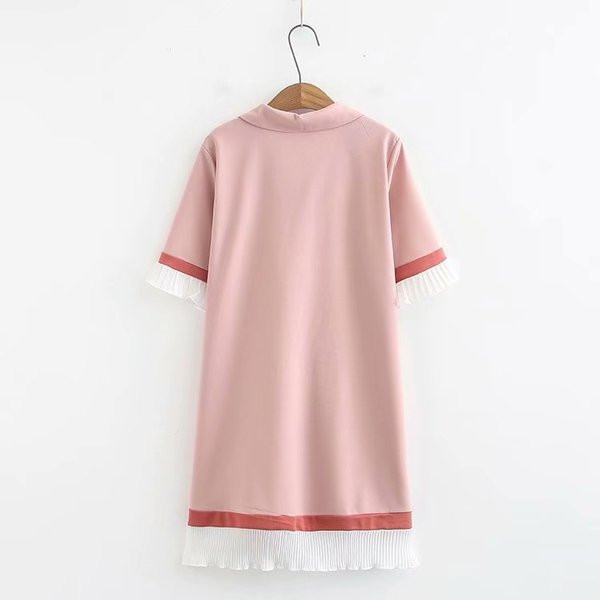 Modern női rövid ruha klasszikus gallérral és rövid ujjú rózsaszín és fekete színben