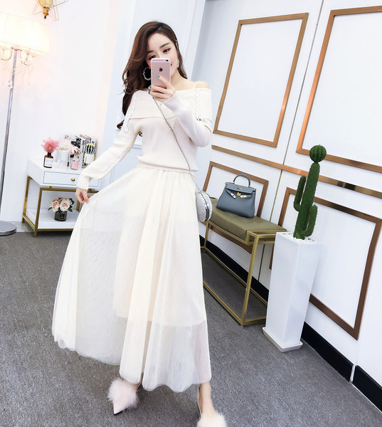 Csupasz vállakú pulóver szett pecsétszoknyával