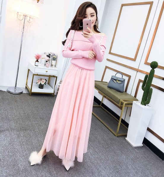 Csupasz vállakú pulóver szett pecsétszoknyával