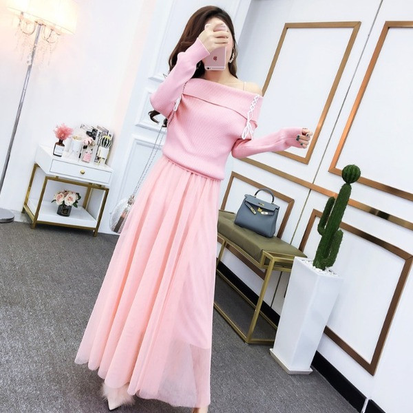 Csupasz vállakú pulóver szett pecsétszoknyával