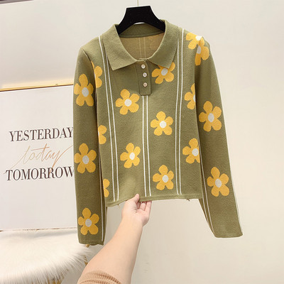 Pulover de dama cu guler si model floral in trei culori