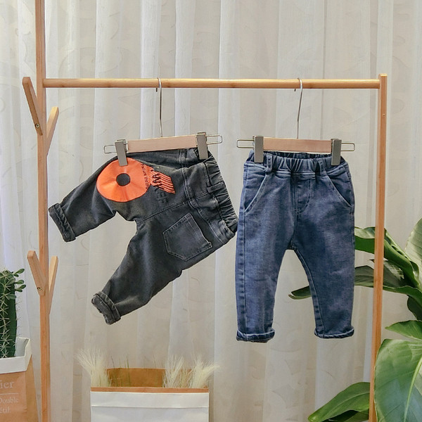 Blugi moderni pentru copii cu imprimeu pentru baieti in albastru si gri