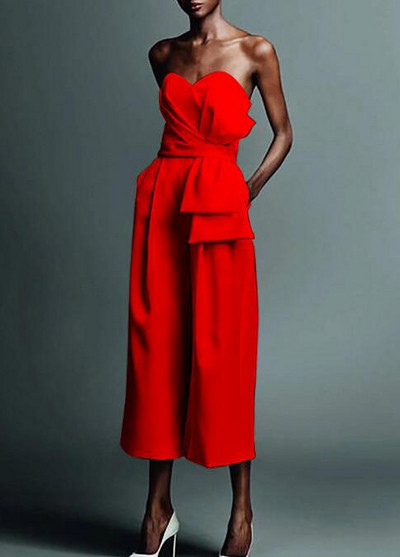 Μοντέρνα γυναικεία σαλοπέτα  με βαθύ λαιμόκοψη και τσέπες σε λευκό, μαύρο και κόκκινο χρώμα