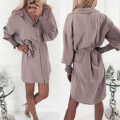 Γυναικείο κοντό φόρεμα φόρεμα για το φθινοπώρου με κορδόνια και κλασικό  κολάρο σε λιλά χρώμα