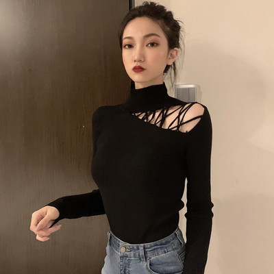 Pulover de dama modern cu guler inalt in negru si verde