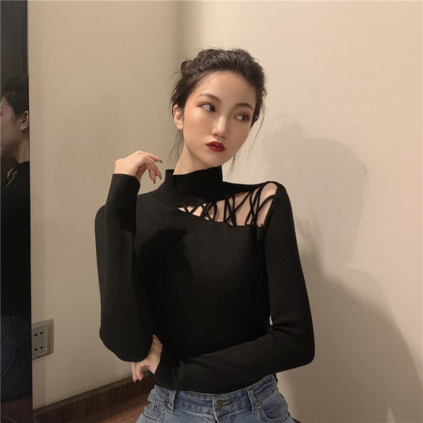 Pulover de dama modern cu guler inalt in negru si verde