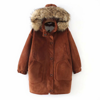 Modern női kabát kapucnival, barna és rózsaszín színben