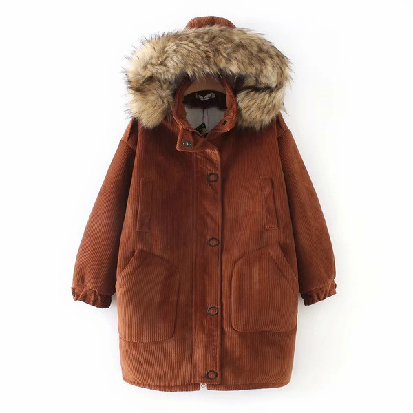 Modern női kabát kapucnival, barna és rózsaszín színben