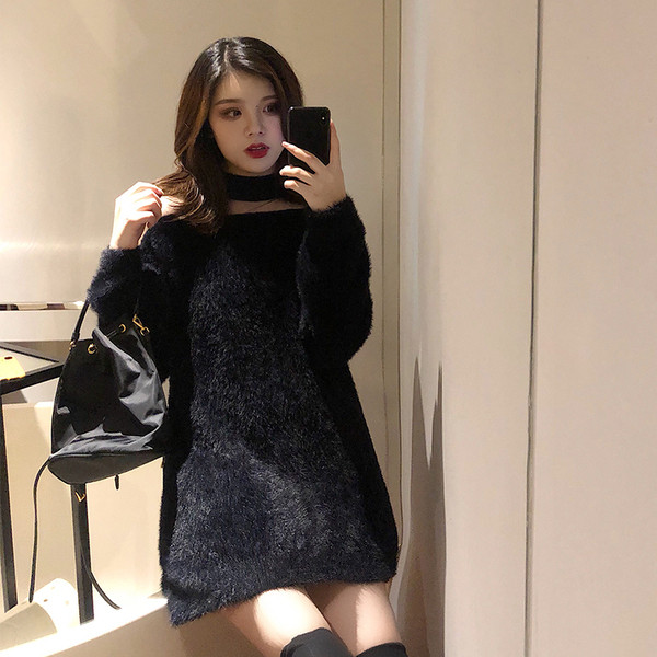 Χνουδωτό γυναικείο πουλόβερ από ασήμι σε μαύρο και άσπρο χρώμα