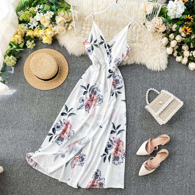 Γυναικείο φόρεμα με ιμάντες και floral μοτίβο σε λευκό και μαύρο χρώμα