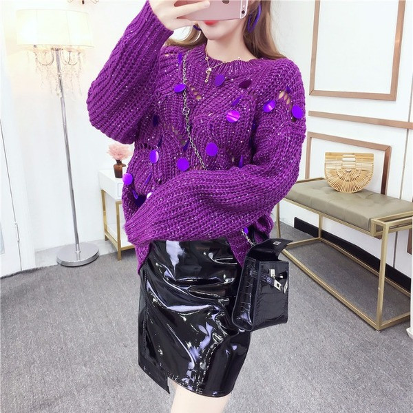 Γυναικείο μοντέρνο πουλόβερ με πούλιες σε μοβ και ροζ χρώμα