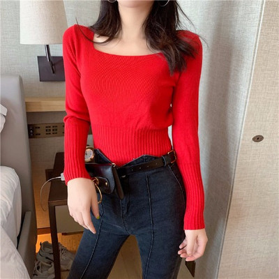 Pulover scurt, casual, din tricot, cu decolteu pătrat