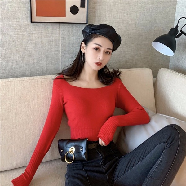 Pulover scurt, casual, din tricot, cu decolteu pătrat