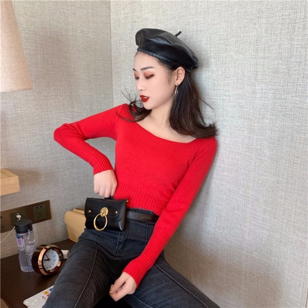 Pulover scurt, casual, din tricot, cu decolteu pătrat