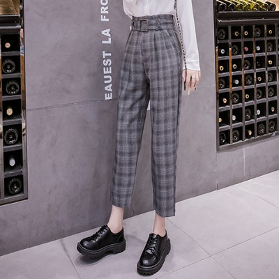 Νέο μοντέλο καρό γυναικείο παντελόνι με ψηλή μέση σε καφέ και γκρι χρώμα