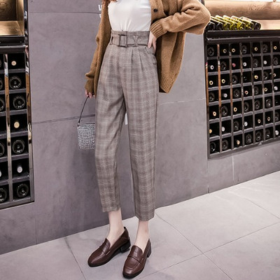 Νέο μοντέλο καρό γυναικείο παντελόνι με ψηλή μέση σε καφέ και γκρι χρώμα