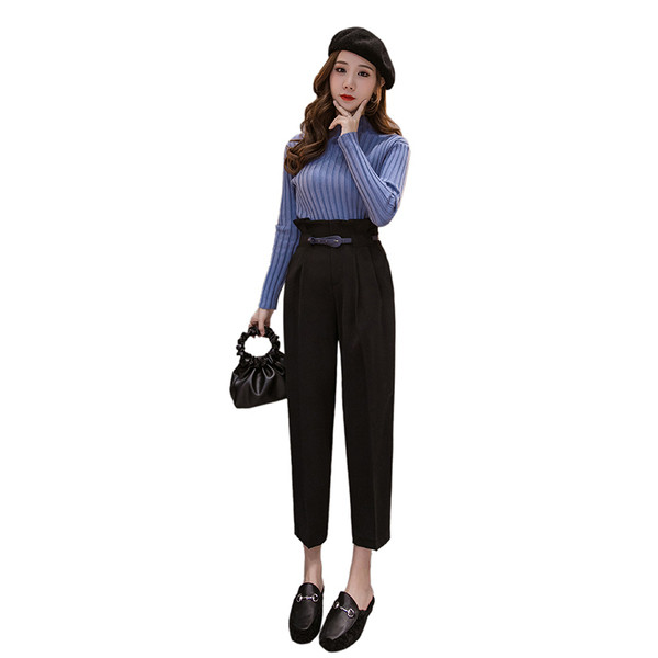 Modern női nadrág magas derékkal és övvel - kék és fekete