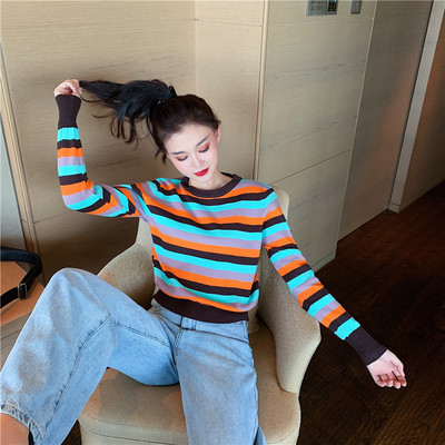 Καθημερινό σύντομο ριγέ πουλόβερ σε δύο χρώματα