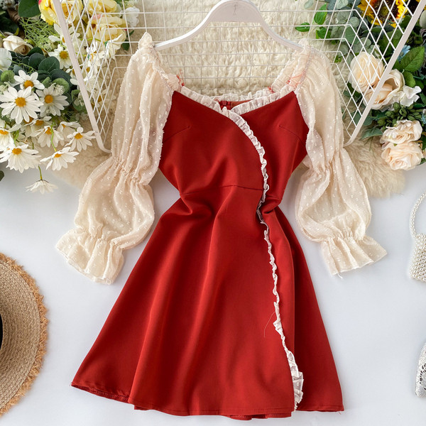 Rochie moderna de dama cu decolteu rotund in rosu si maro