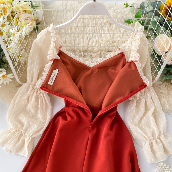 Rochie moderna de dama cu decolteu rotund in rosu si maro