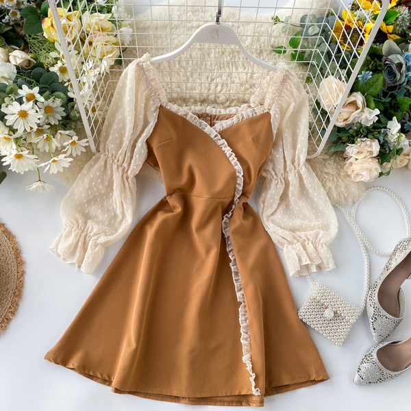 Rochie moderna de dama cu decolteu rotund in rosu si maro