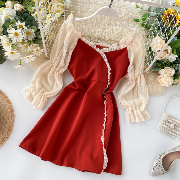 Rochie moderna de dama cu decolteu rotund in rosu si maro