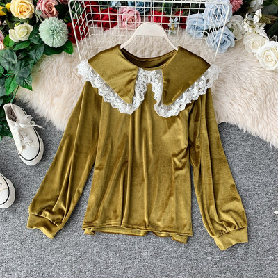 Bluză de damă modernă din catifea cu dantelă și mâneci lungi