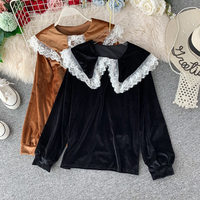 Bluză de damă modernă din catifea cu dantelă și mâneci lungi