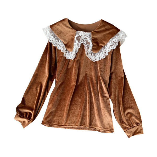 Bluză de damă modernă din catifea cu dantelă și mâneci lungi