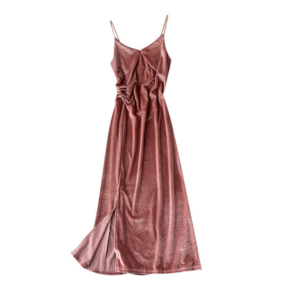 Rochie de dama moderna din catifea cu bretele subtiri in negru, roz si verde