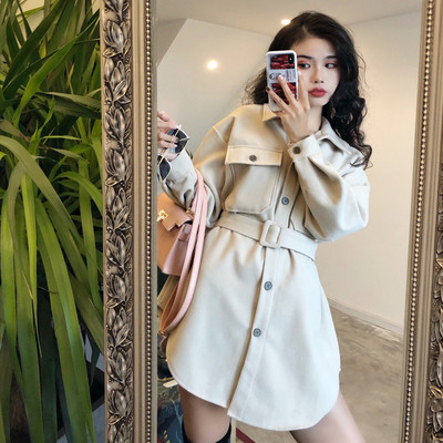 Γυναικείο  μακρύ πουκάμισο με ζώνη σε μπεζ και μπλε χρώμα