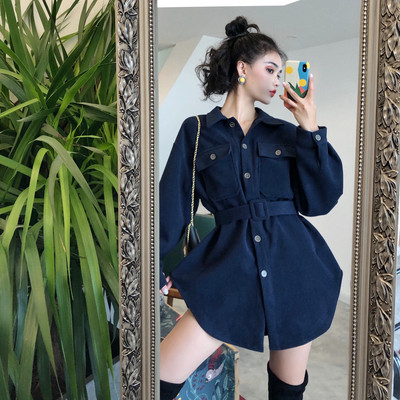 Γυναικείο  μακρύ πουκάμισο με ζώνη σε μπεζ και μπλε χρώμα