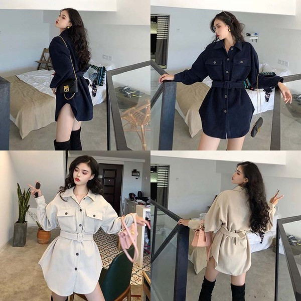 Γυναικείο  μακρύ πουκάμισο με ζώνη σε μπεζ και μπλε χρώμα