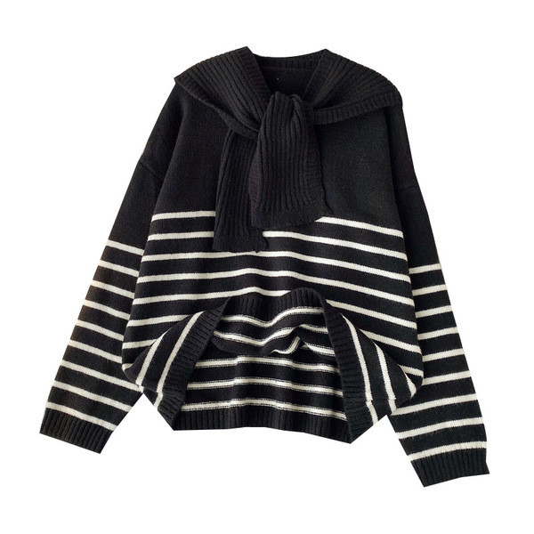 Pulover de dama modern cu esarfa in alb si negru