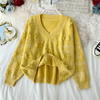 Μοντέρνο γυναικείο πουλόβερ  με λαιμόκοψη σε κίτρινο και ροζ χρώμα