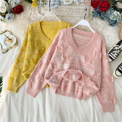 Μοντέρνο γυναικείο πουλόβερ  με λαιμόκοψη σε κίτρινο και ροζ χρώμα