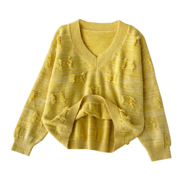 Μοντέρνο γυναικείο πουλόβερ  με λαιμόκοψη σε κίτρινο και ροζ χρώμα