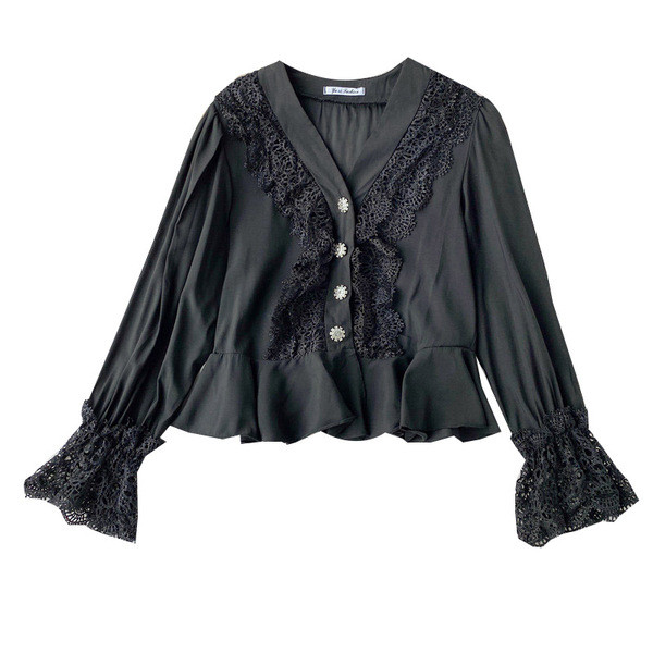 Modern női ing spitz nyakkivágással és fekete-fehér csipkével