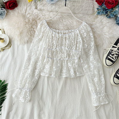 Μοντέρνα γυναικεία κοντύ  μπλούζα  απόδαντέλα με δαντέλα και  κορδόνια