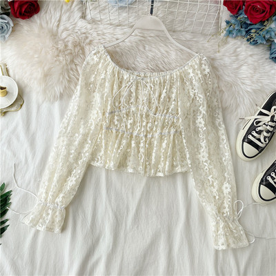 Μοντέρνα γυναικεία κοντύ  μπλούζα  απόδαντέλα με δαντέλα και  κορδόνια