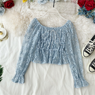 Μοντέρνα γυναικεία κοντύ  μπλούζα  απόδαντέλα με δαντέλα και  κορδόνια