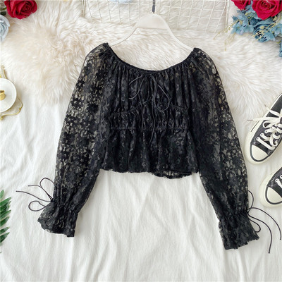 Μοντέρνα γυναικεία κοντύ  μπλούζα  απόδαντέλα με δαντέλα και  κορδόνια