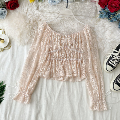 Μοντέρνα γυναικεία κοντύ  μπλούζα  απόδαντέλα με δαντέλα και  κορδόνια