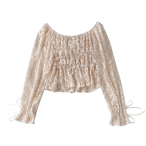 Μοντέρνα γυναικεία κοντύ  μπλούζα  απόδαντέλα με δαντέλα και  κορδόνια