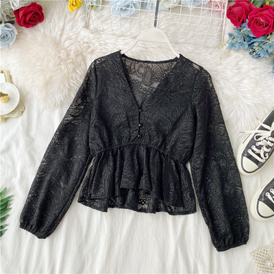 Cămașă de damă modernă din dantelă cu nasturi și mâneci lungi în trei culori