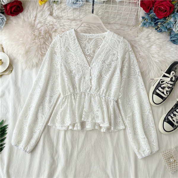 Cămașă de damă modernă din dantelă cu nasturi și mâneci lungi în trei culori