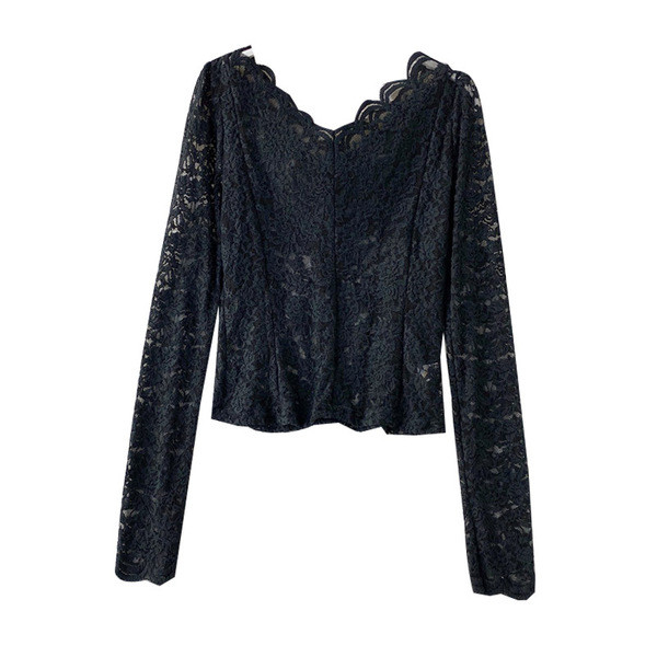 Bluză de damă modernă din dantelă cu decolteu spitz în alb-negru